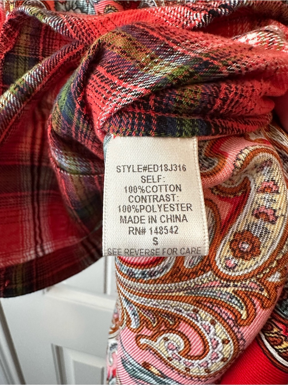 Anthropologie Aratta Silent Journey Red Paisley Plaid Scarf Mixed-Print Shirt S - Picture 10 of 13